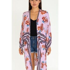 En Creme kimono open front duster wide sleeve crepe long floral swimsuit cover